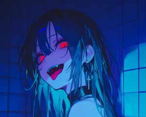 Preview wallpaper girl, vampire, bathroom, fangs, art, anime, blue