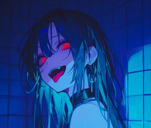 Preview wallpaper girl, vampire, bathroom, fangs, art, anime, blue