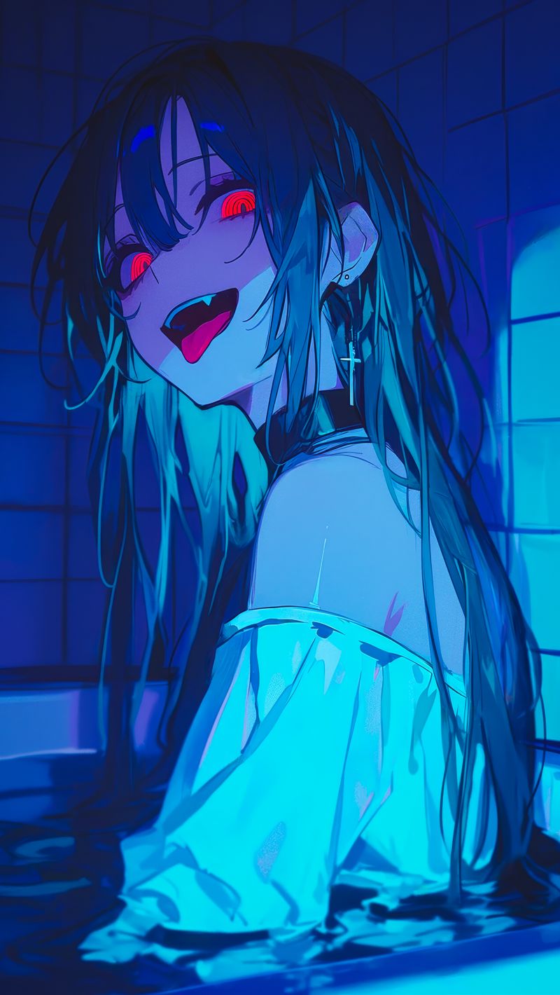 800x1420 Wallpaper girl, vampire, bathroom, fangs, art, anime, blue