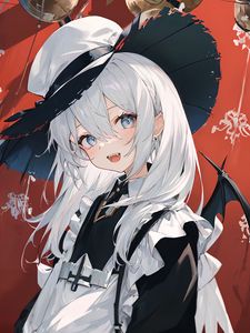 Preview wallpaper girl, vampire, fangs, hat, anime