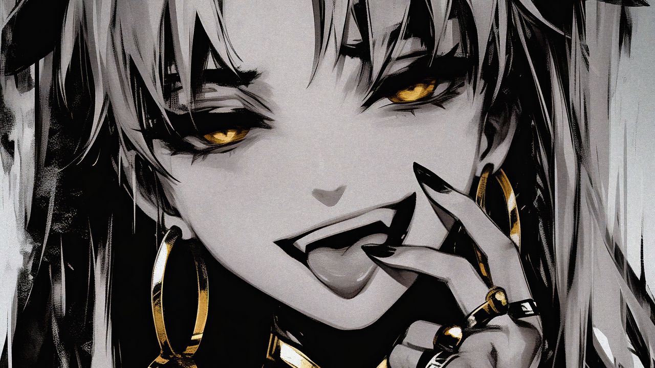 Wallpaper girl, vampire, fangs, jewelry, art, anime