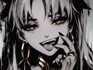 Preview wallpaper girl, vampire, fangs, jewelry, art, anime