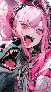 Preview wallpaper girl, vampire, piercing, dog, fangs, anime