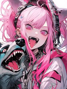 Preview wallpaper girl, vampire, piercing, dog, fangs, anime