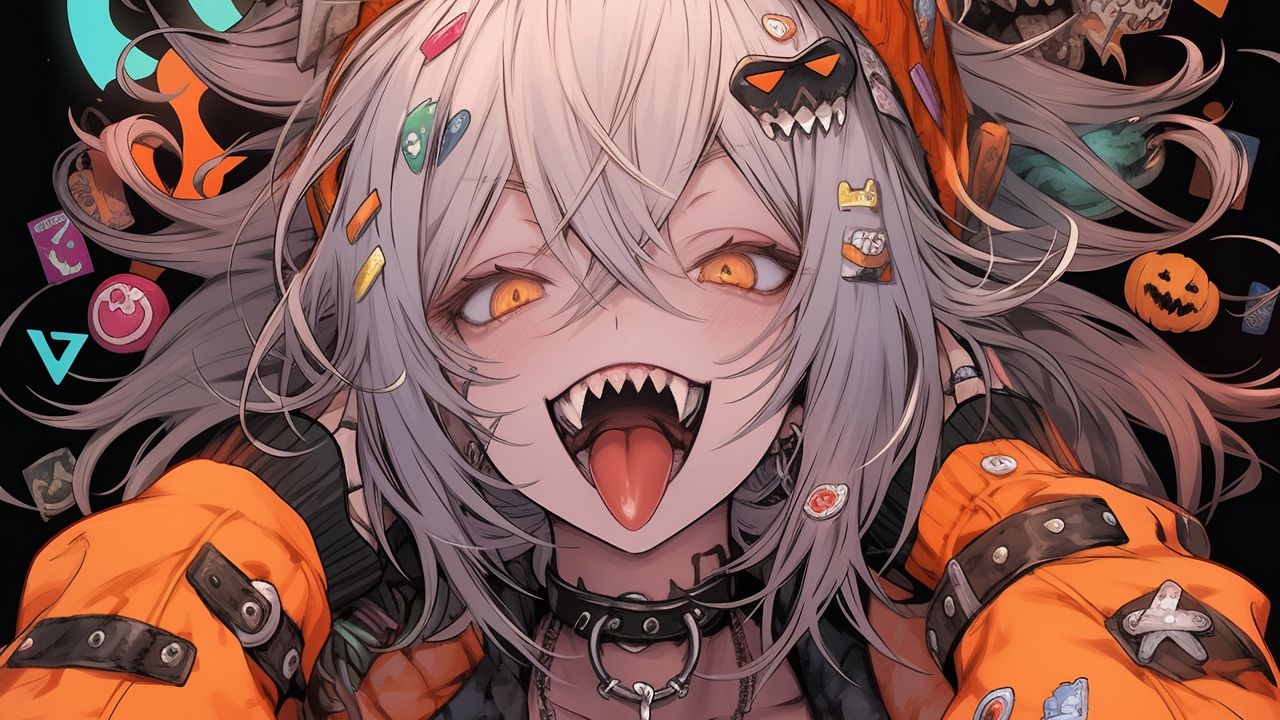 Wallpaper girl, vampire, protruding tongue, hat, ears, piercing, anime