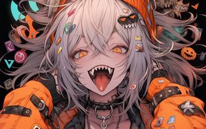 Preview wallpaper girl, vampire, protruding tongue, hat, ears, piercing, anime