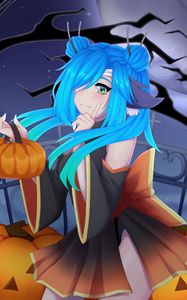 Preview wallpaper girl, vampire, pumpkin, halloween, anime, art