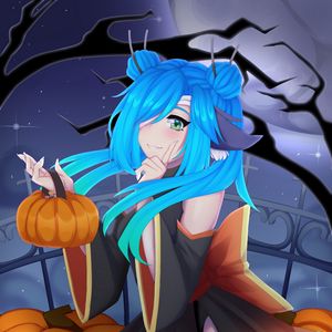 Preview wallpaper girl, vampire, pumpkin, halloween, anime, art