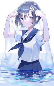 Preview wallpaper girl, veil, water, flowers, anime, art, blue