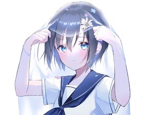 Preview wallpaper girl, veil, water, flowers, anime, art, blue