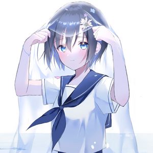 Preview wallpaper girl, veil, water, flowers, anime, art, blue