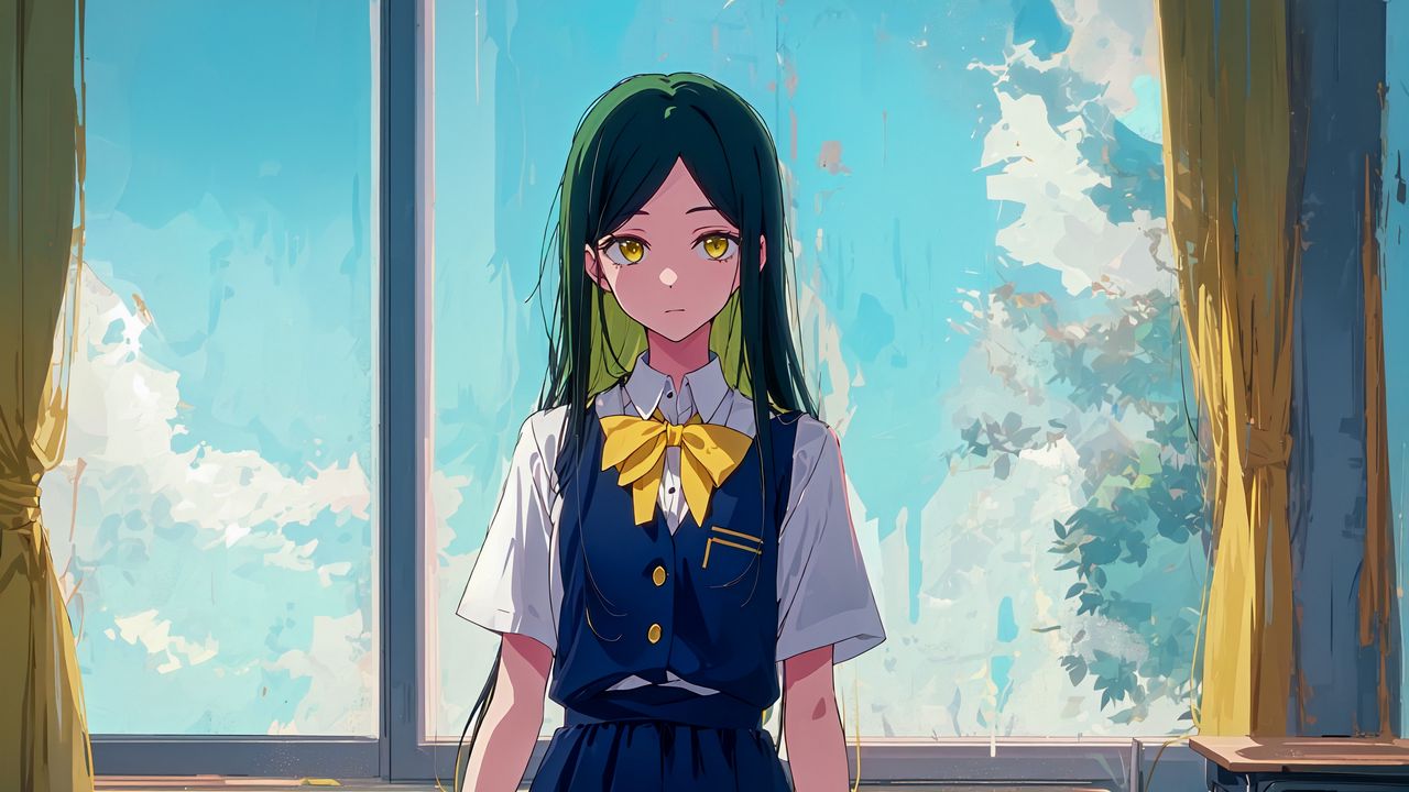 Wallpaper girl, vest, window, anime
