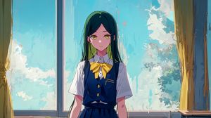 Preview wallpaper girl, vest, window, anime