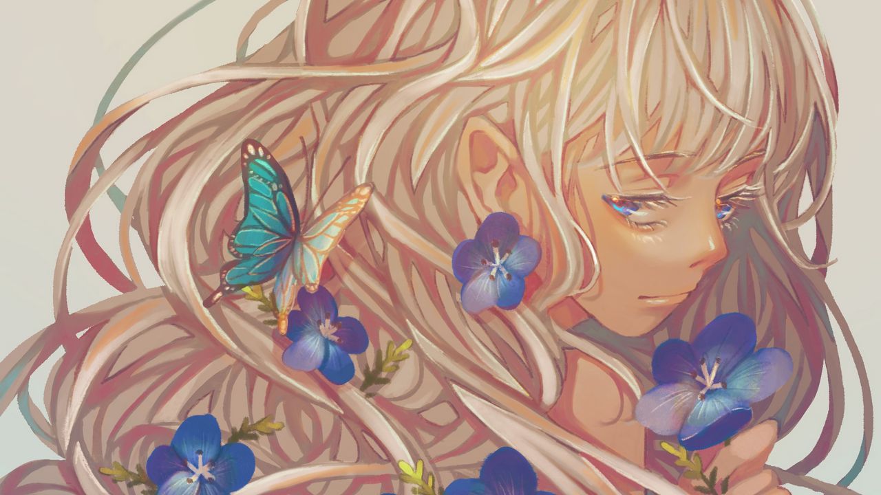 Wallpaper girl, violets, petals, butterfly, anime