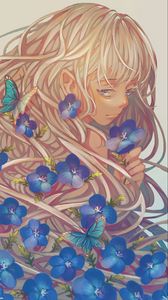 Preview wallpaper girl, violets, petals, butterfly, anime