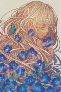 Preview wallpaper girl, violets, petals, butterfly, anime