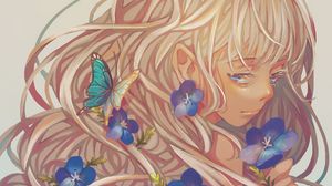 Preview wallpaper girl, violets, petals, butterfly, anime