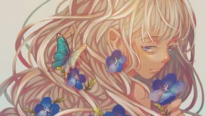 Preview wallpaper girl, violets, petals, butterfly, anime