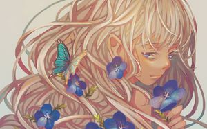Preview wallpaper girl, violets, petals, butterfly, anime