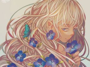 Preview wallpaper girl, violets, petals, butterfly, anime