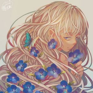 Preview wallpaper girl, violets, petals, butterfly, anime