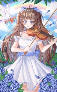 Preview wallpaper girl, violin, birds, anime, art