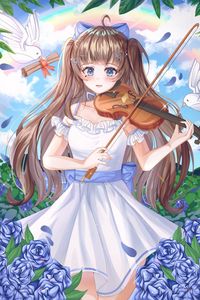 Preview wallpaper girl, violin, birds, anime, art