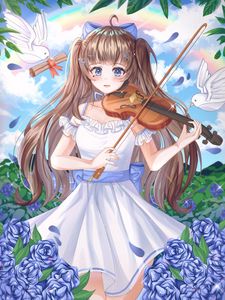 Preview wallpaper girl, violin, birds, anime, art