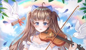 Preview wallpaper girl, violin, birds, anime, art