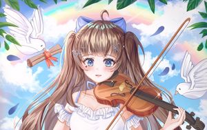 Preview wallpaper girl, violin, birds, anime, art