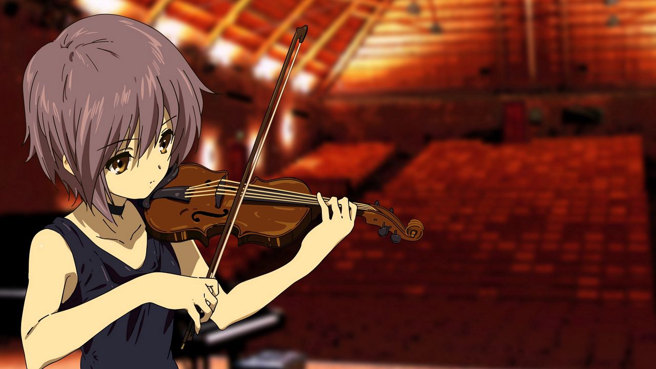 Wallpaper girl, violin, bow, music, hall, theater, emptiness, sadness