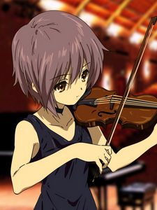 Preview wallpaper girl, violin, bow, music, hall, theater, emptiness, sadness