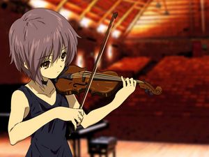 Preview wallpaper girl, violin, bow, music, hall, theater, emptiness, sadness