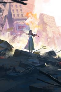 Preview wallpaper girl, violin, ruins, city, art