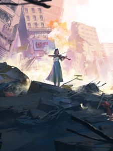 Preview wallpaper girl, violin, ruins, city, art