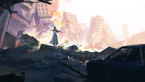 Preview wallpaper girl, violin, ruins, city, art