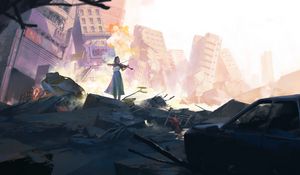 Preview wallpaper girl, violin, ruins, city, art