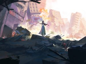 Preview wallpaper girl, violin, ruins, city, art