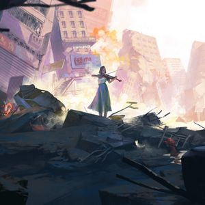 Preview wallpaper girl, violin, ruins, city, art