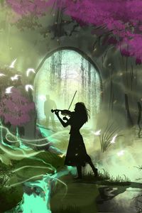 Preview wallpaper girl, violin, silhouettes, garden, art