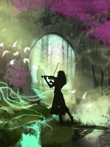 Preview wallpaper girl, violin, silhouettes, garden, art