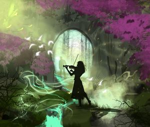 Preview wallpaper girl, violin, silhouettes, garden, art