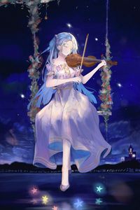 Preview wallpaper girl, violin, swing, music, night, anime