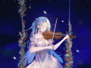 Preview wallpaper girl, violin, swing, music, night, anime