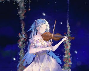 Preview wallpaper girl, violin, swing, music, night, anime