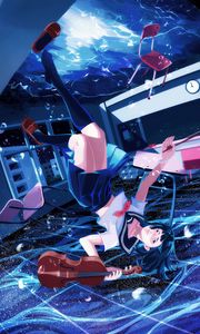 Preview wallpaper girl, violin, underwater, anime, art, blue