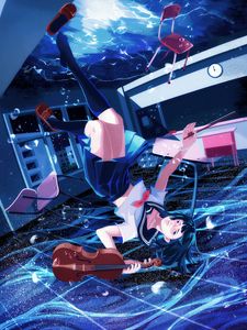 Preview wallpaper girl, violin, underwater, anime, art, blue