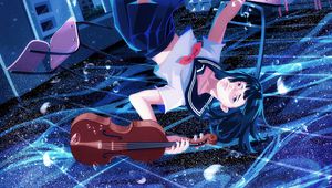 Preview wallpaper girl, violin, underwater, anime, art, blue