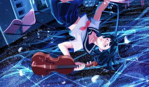 Preview wallpaper girl, violin, underwater, anime, art, blue