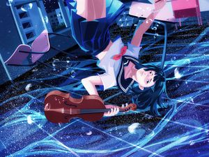 Preview wallpaper girl, violin, underwater, anime, art, blue